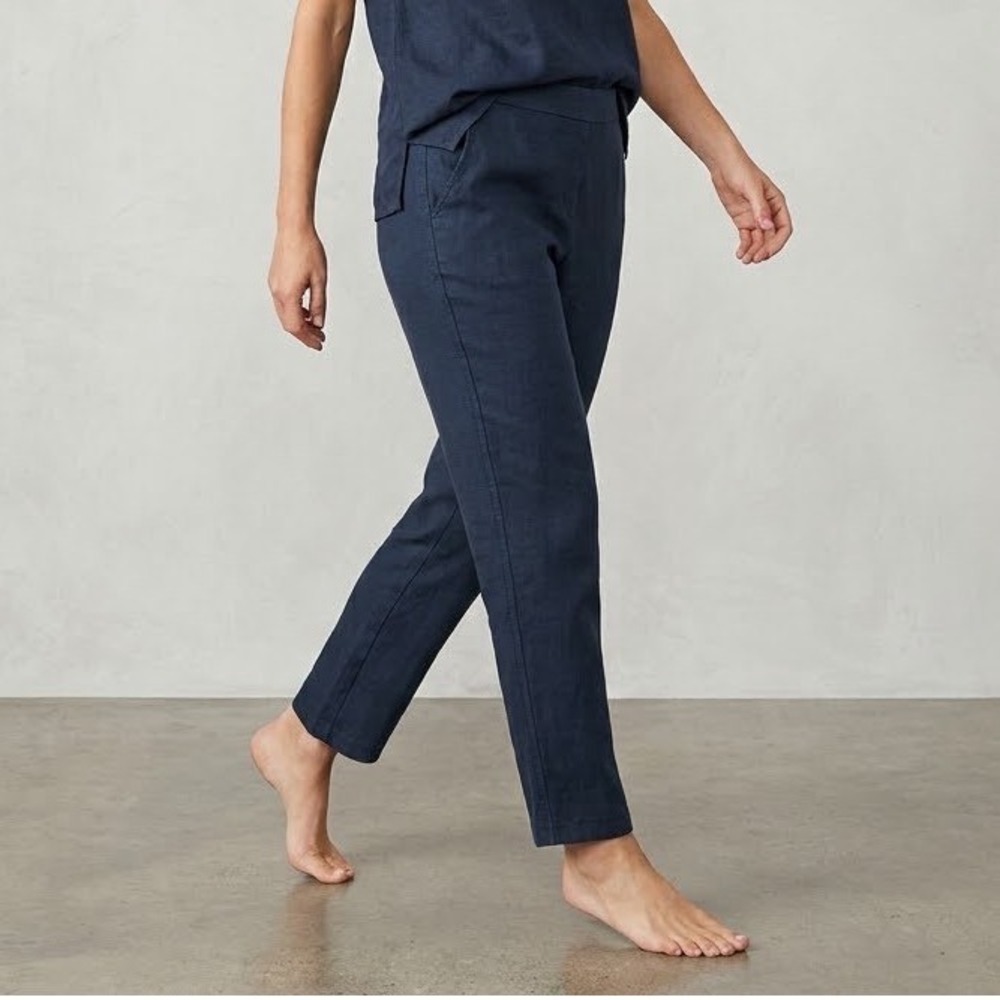 J. Jill Love Linen Pants Medium Navy Blue Pull On Ankle Pockets Minimalist Basic